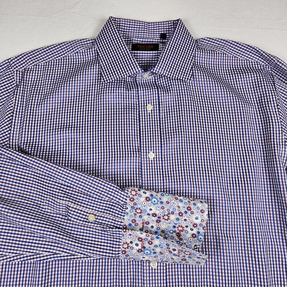Takumi Japan Men XL Dress Shirt Contrast Collar French Cuff Gingham Check Office